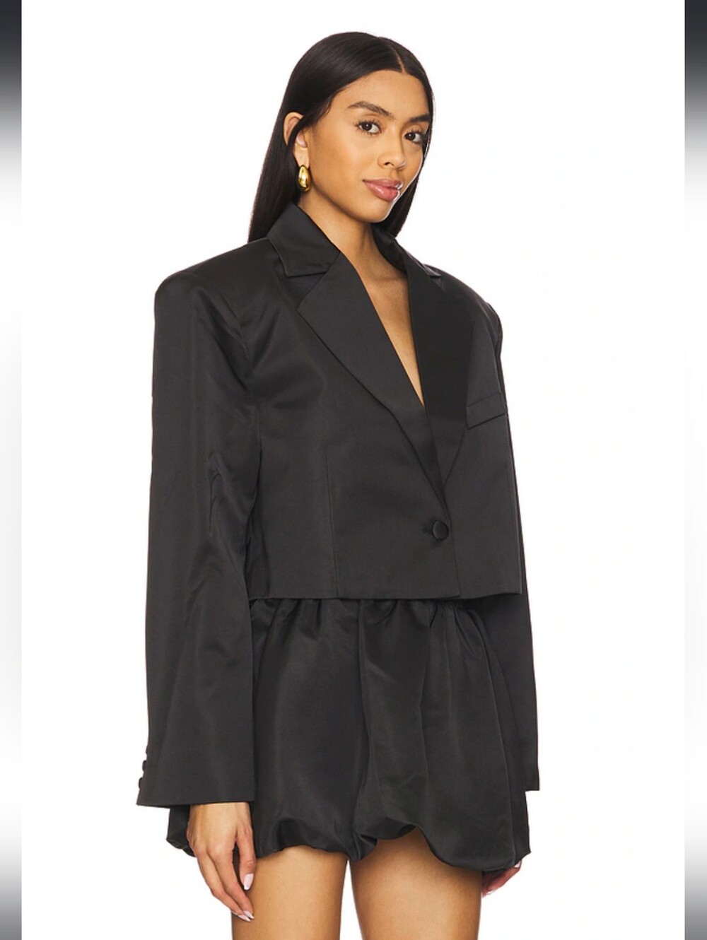 NWT WeWoreWhat Cropped Satin Blazer in Black